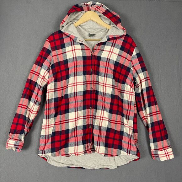 Eddie Bauer Jackets & Blazers - Eddie Bauer Shirt Jacket Women's XL Red Ivory Plaid Hi-Low Button Front Hooded